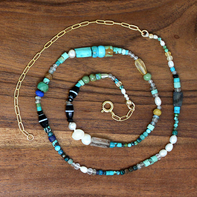 Blue, Green & Gold Gemstone Bead Necklace by Brin