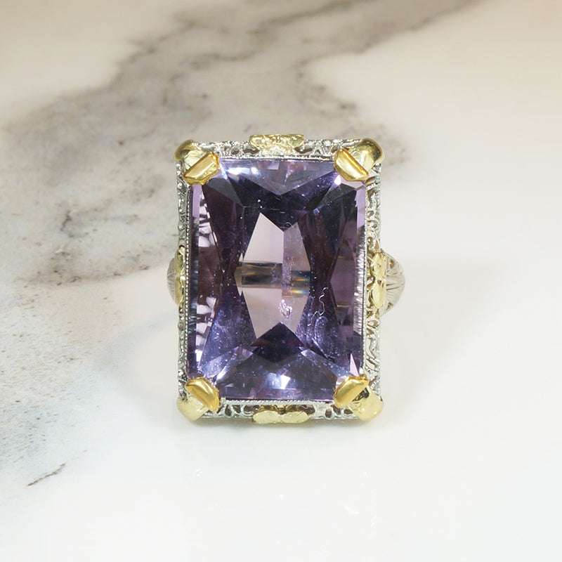 White and Yellow Gold Filigree Amethyst Ring