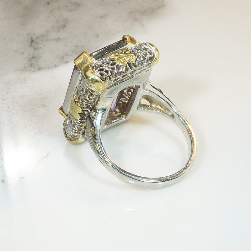 White and Yellow Gold Filigree Amethyst Ring