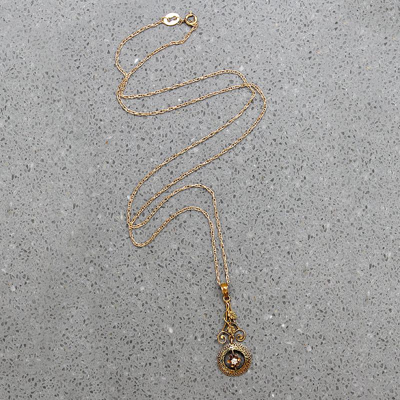 Dainty Engraved Oak Leaves Gold & Diamond Lavalier 