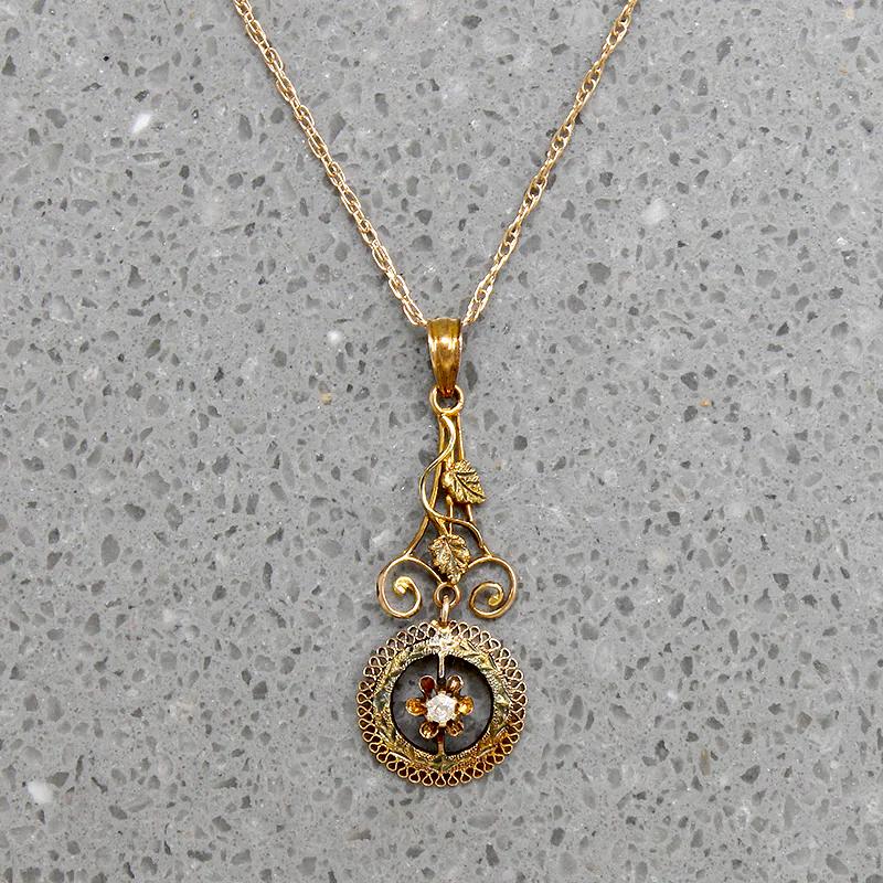 Dainty Engraved Oak Leaves Gold & Diamond Lavalier 