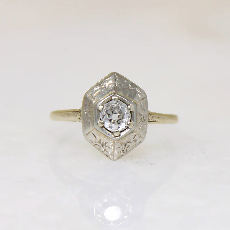 Decorative Old Mine Cut Diamond in White and Green Gold Ring