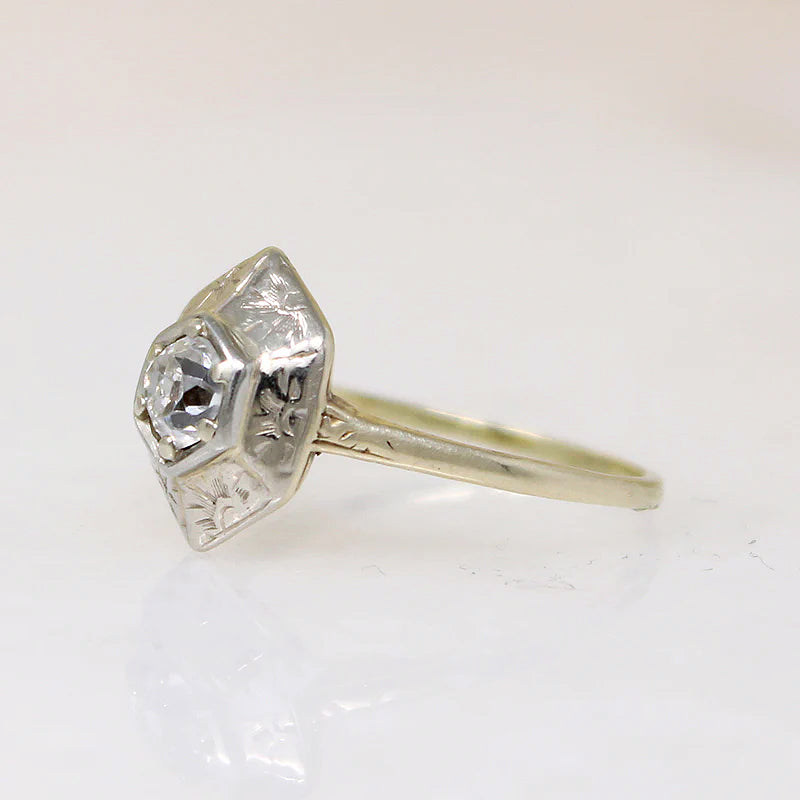 Decorative Old Mine Cut Diamond in White and Green Gold Ring