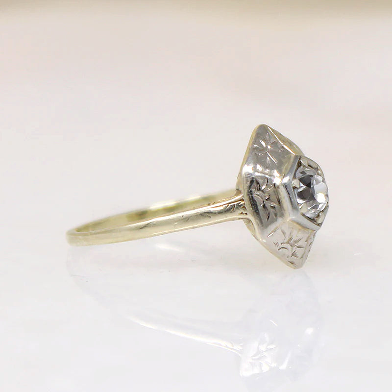 Decorative Old Mine Cut Diamond in White and Green Gold Ring