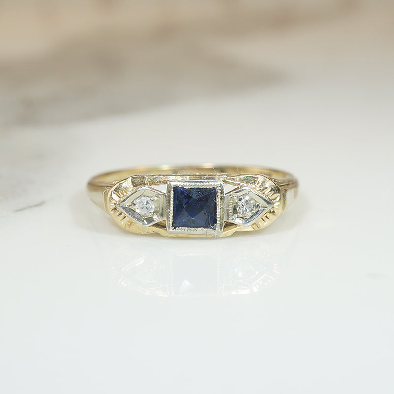 French Cut Sapphire & Diamond Two-Tone Gold Ring