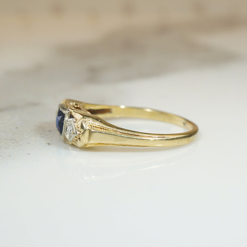 French Cut Sapphire & Diamond Two-Tone Gold Ring