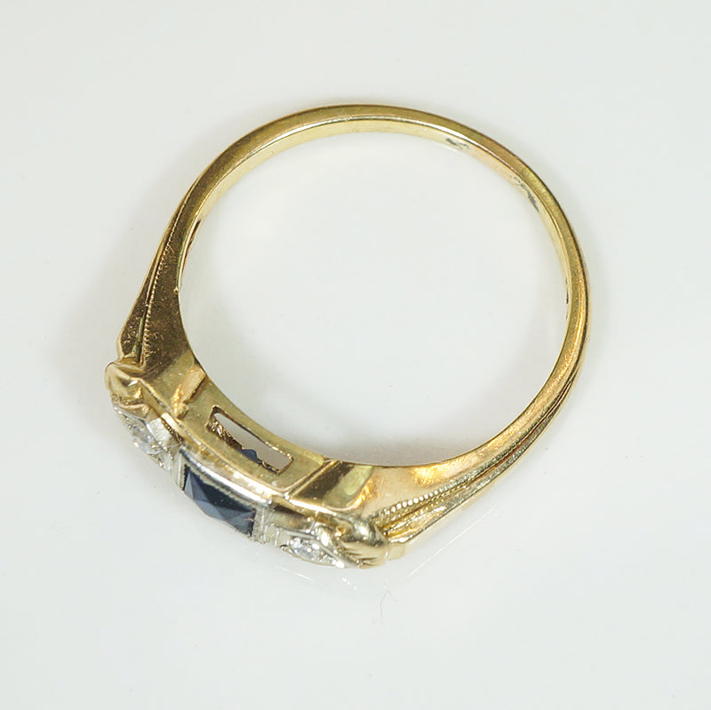 French Cut Sapphire & Diamond Two-Tone Gold Ring