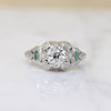 Fresh Floral Art Deco Diamond Ring with Emerald Accents