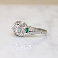Fresh Floral Art Deco Diamond Ring with Emerald Accents