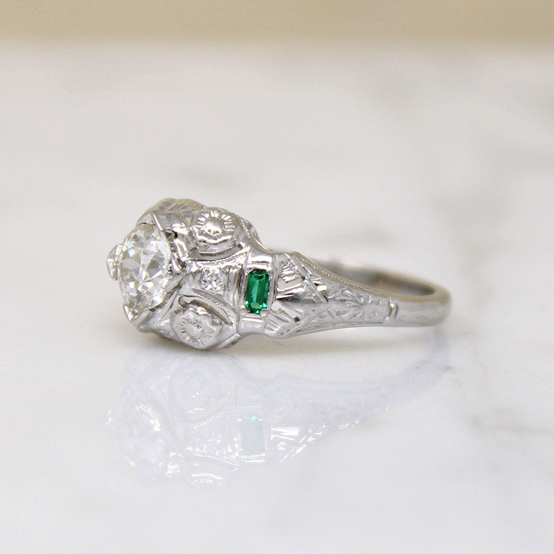 Fresh Floral Art Deco Diamond Ring with Emerald Accents