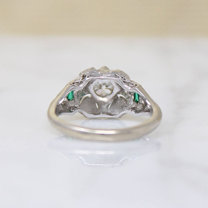 Fresh Floral Art Deco Diamond Ring with Emerald Accents