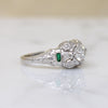 Fresh Floral Art Deco Diamond Ring with Emerald Accents