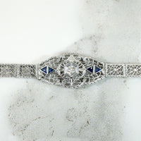 Lacy Filigree Diamond & Sapphire Art Deco Bracelet