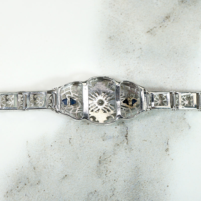 Lacy Filigree Diamond & Sapphire Art Deco Bracelet