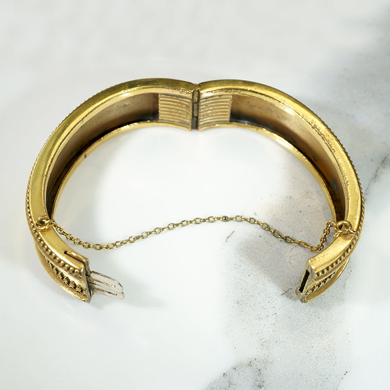 Striking Gold Filled Etruscan Revival Hinged Bangle