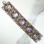 Purple Glass & Brass Bracelet with Enameled Flowers