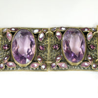 Purple Glass & Brass Bracelet with Enameled Flowers