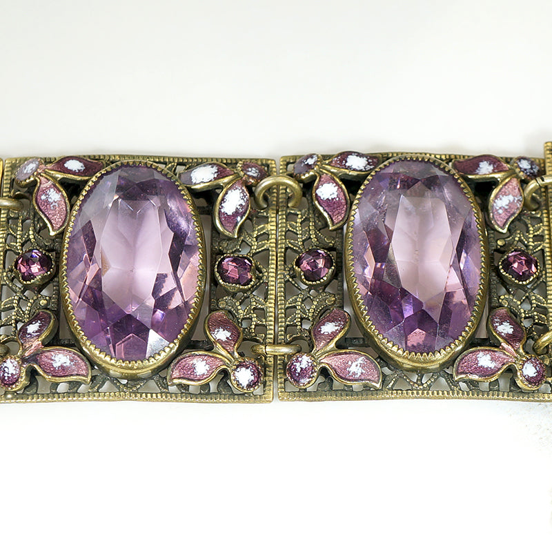 Purple Glass & Brass Bracelet with Enameled Flowers