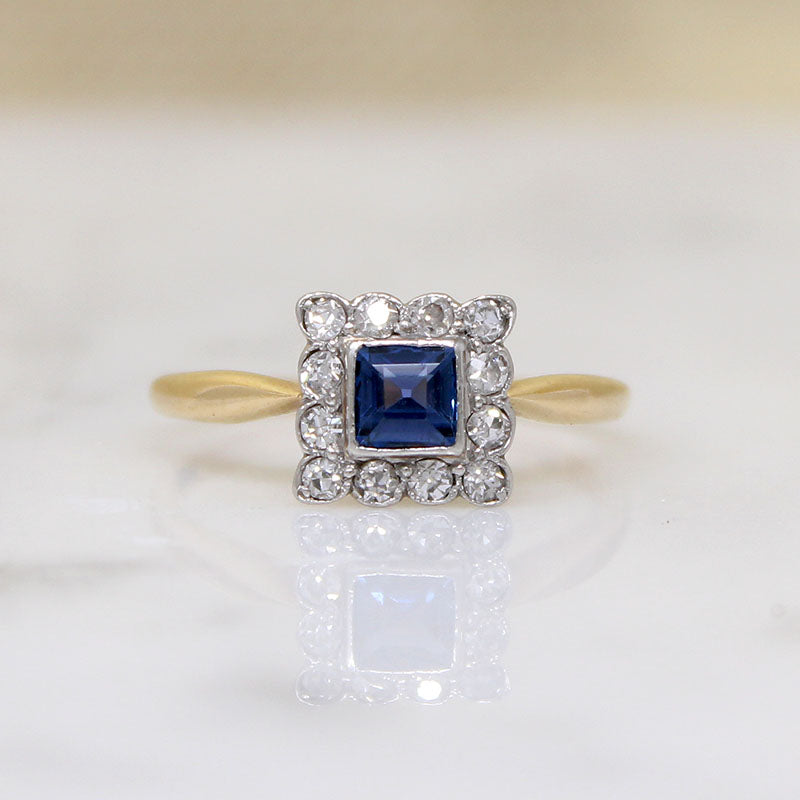 English Sapphire & Diamond Picture Frame Ring