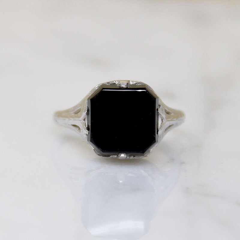 Onyx in Graceful White Gold Art Deco Ring