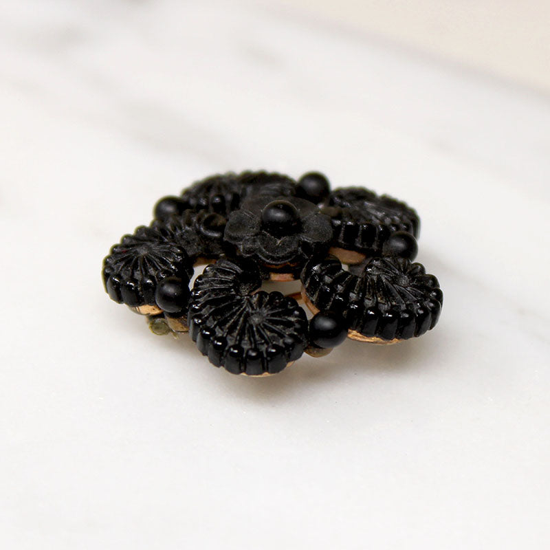 Ferns & Forget Me Nots Black Glass Brooch