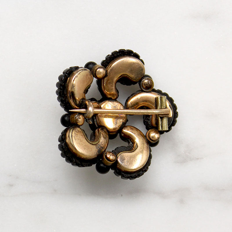 Ferns & Forget Me Nots Black Glass Brooch