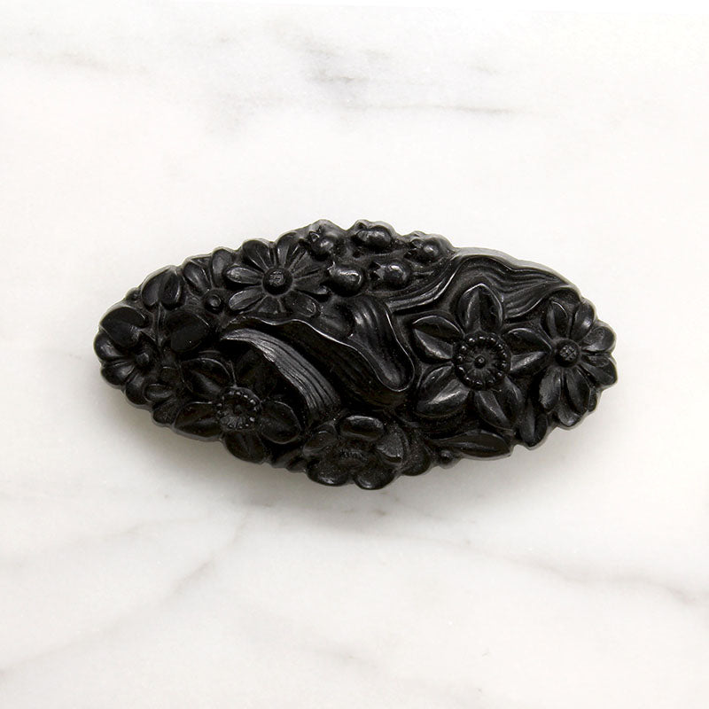 Exquisitely Carved Flowers Jet Brooch
