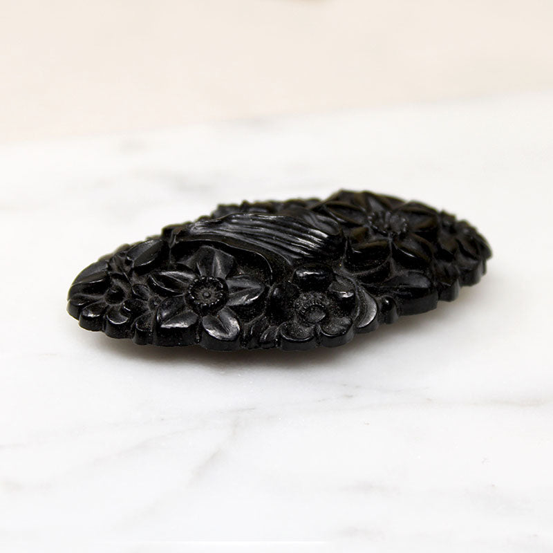 Exquisitely Carved Flowers Jet Brooch