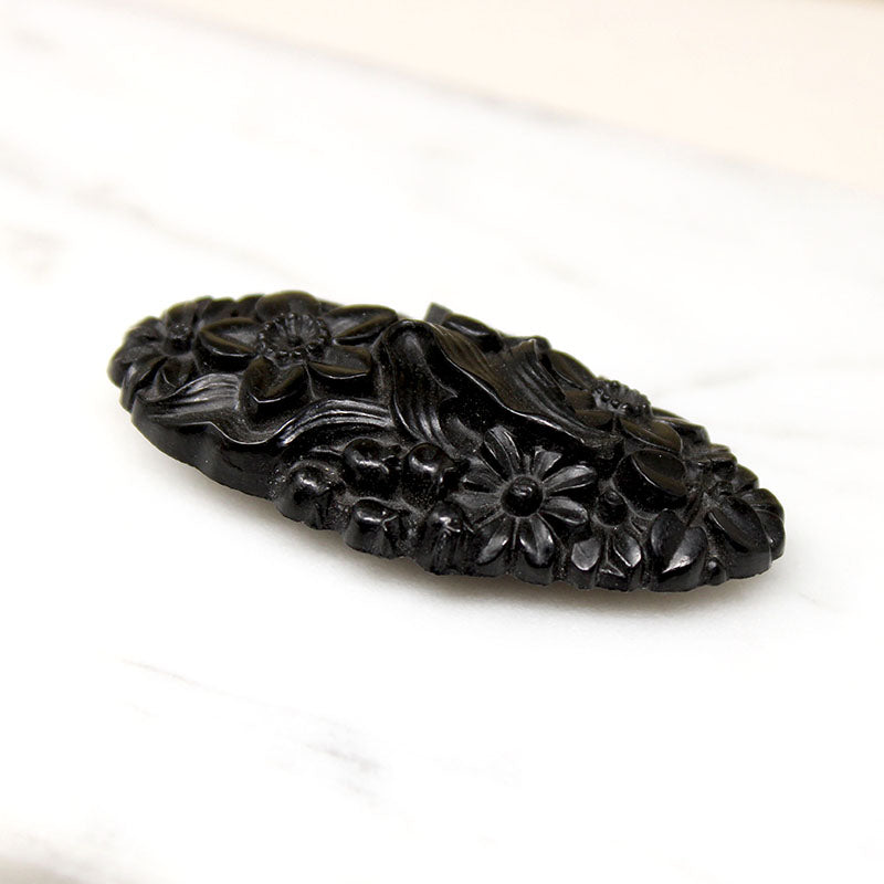 Exquisitely Carved Flowers Jet Brooch