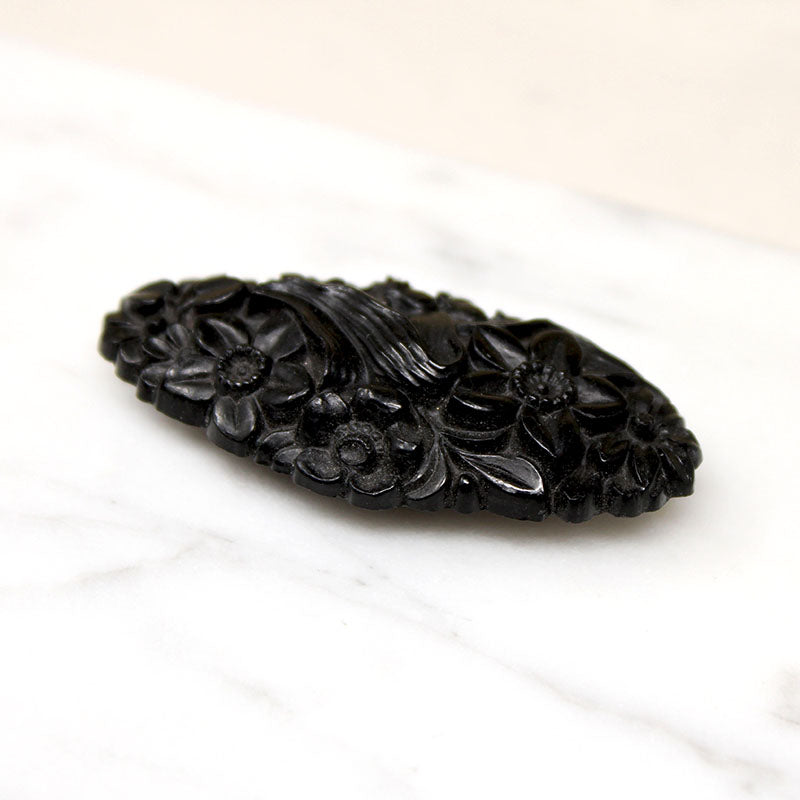 Exquisitely Carved Flowers Jet Brooch