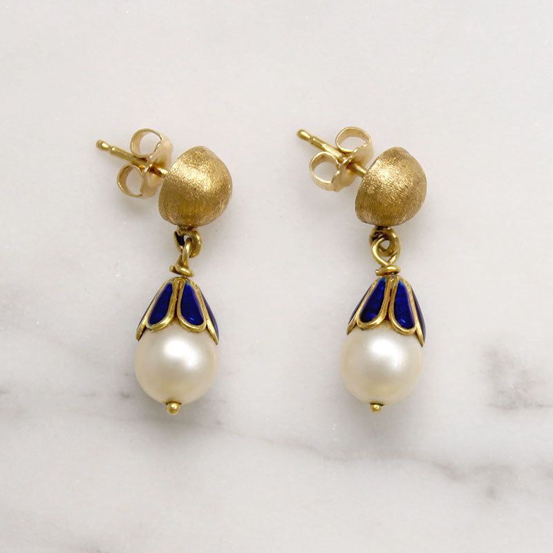 Smart Pearl & Enameled Gold Earbobs