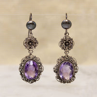 Feminine Amethyst & Silver Filigree Drop Earrings