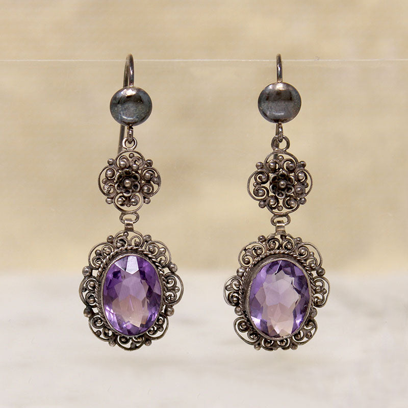 Feminine Amethyst & Silver Filigree Drop Earrings