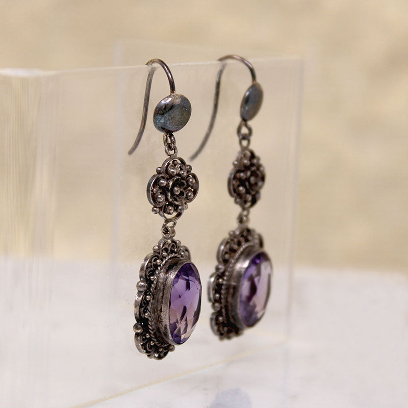 Feminine Amethyst & Silver Filigree Drop Earrings