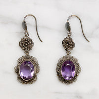 Feminine Amethyst & Silver Filigree Drop Earrings
