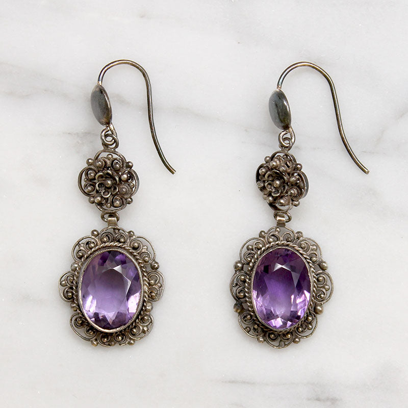 Feminine Amethyst & Silver Filigree Drop Earrings