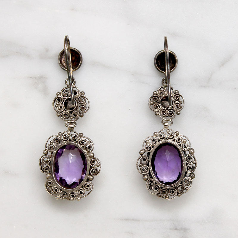 Feminine Amethyst & Silver Filigree Drop Earrings