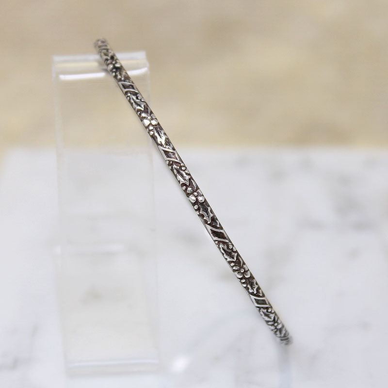 Engraved Leaves & Flowers Sterling Silver Bangle Bracelet