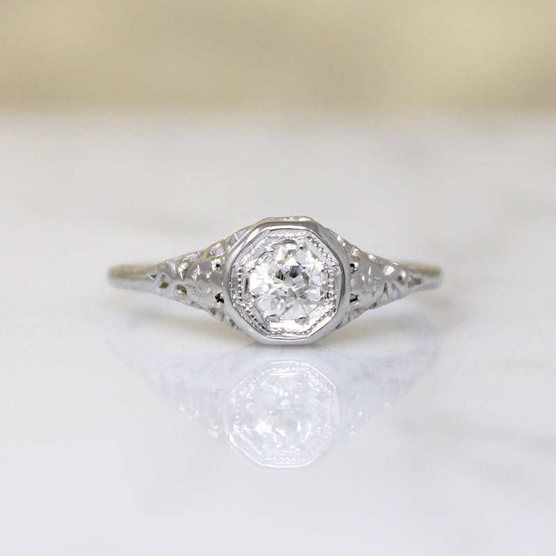 Old Mine Cut Diamond in Floral Filigree Solitaire Ring