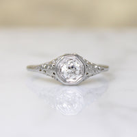 Old Mine Cut Diamond in Floral Filigree Solitaire Ring