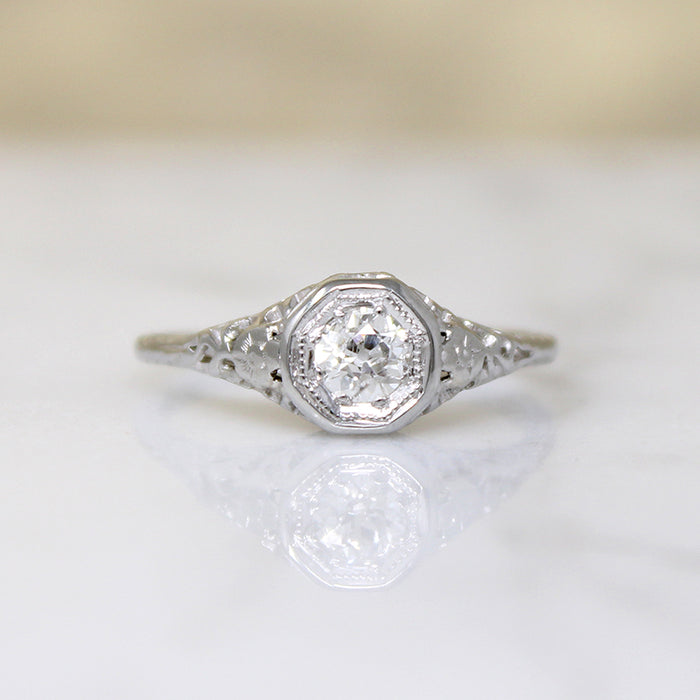 Old Mine Cut Diamond in Floral Filigree Solitaire Ring