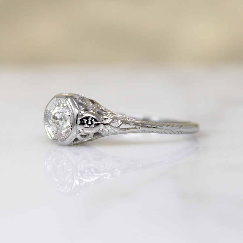 Old Mine Cut Diamond in Floral Filigree Solitaire Ring