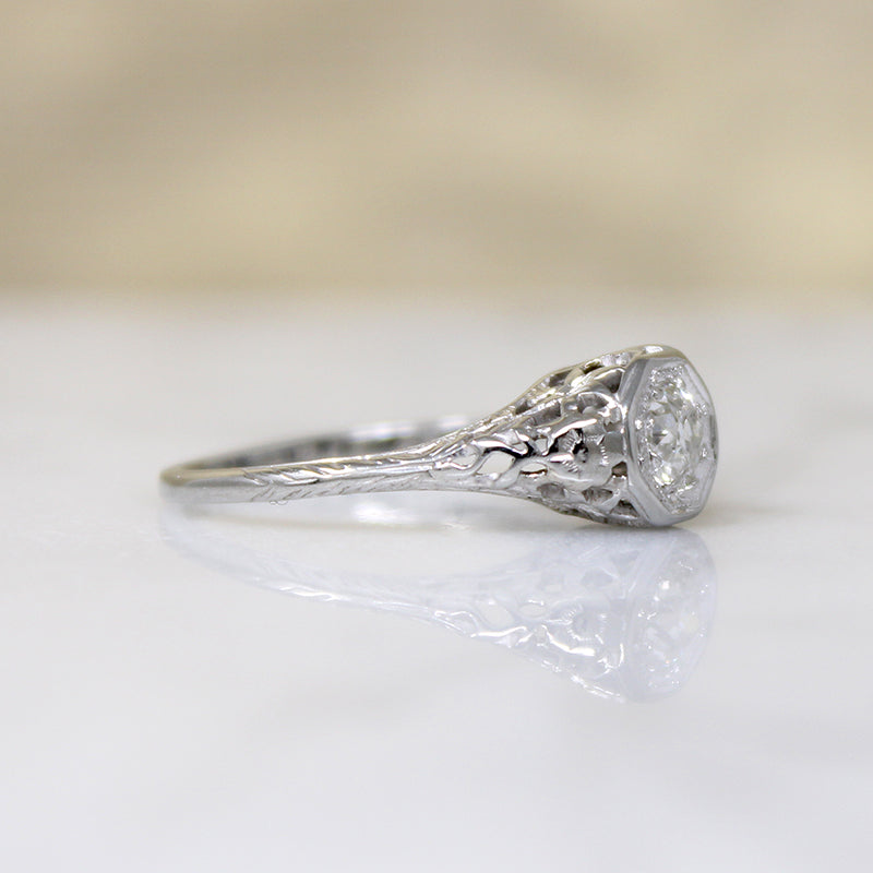 Old Mine Cut Diamond in Floral Filigree Solitaire Ring