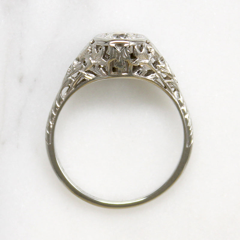 Old Mine Cut Diamond in Floral Filigree Solitaire Ring