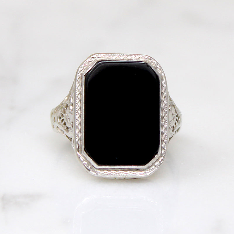 Onyx in 14k White Gold Floral Filigree Ring