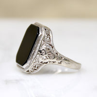 Onyx in 14k White Gold Floral Filigree Ring