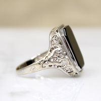 Onyx in 14k White Gold Floral Filigree Ring