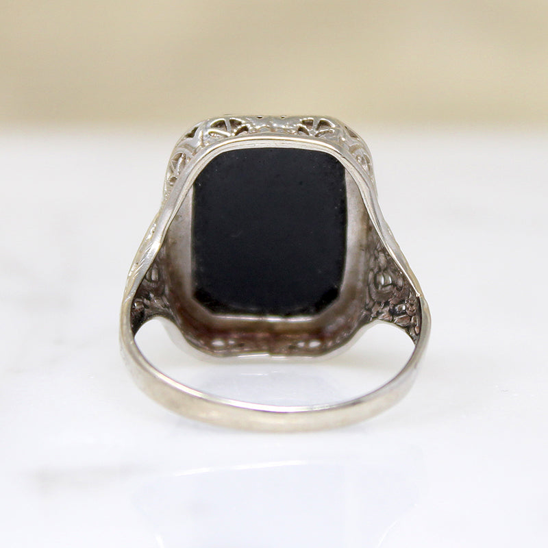 Onyx in 14k White Gold Floral Filigree Ring