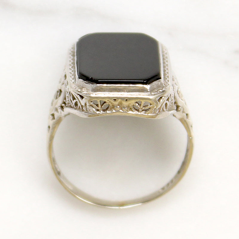 Onyx in 14k White Gold Floral Filigree Ring