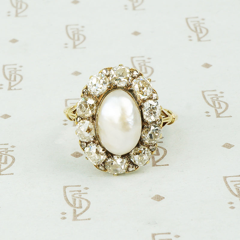 Regency Natural Pearl and Old Mine Diamond Halo Ring